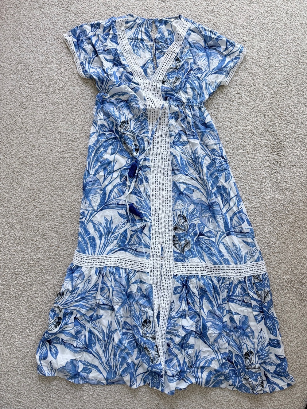 Blue Floral Lace-Trim Maxi Dress